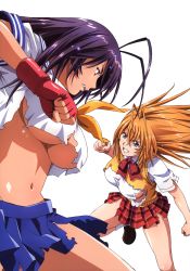 Rule 34 | 00s, 2girls, absurdres, ahoge, amano yo-ki, angry, antenna hair, battle, blonde hair, blue eyes, blue hair, bow, bowtie, breasts, cleavage, clenched hand, clenched teeth, fighting stance, fingerless gloves, gloves, highres, ikkitousen, ikkitousen dragon destiny, ikkitousen great guardians, kan&#039;u unchou, large breasts, loafers, long hair, midriff, miniskirt, multiple girls, navel, no bra, official art, orange hair, plaid, plaid skirt, pleated skirt, purple hair, scan, school uniform, shirt, shoes, sideboob, simple background, skirt, sonsaku hakufu, sweater vest, taut clothes, taut shirt, teeth, torn clothes, underboob, vest