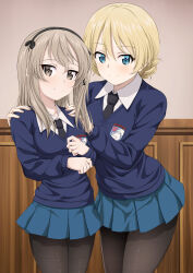 Rule 34 | 1girl, 2girls, absurdres, assam (girls und panzer), black necktie, black pantyhose, black ribbon, blonde hair, blue eyes, blue skirt, blue sweater, braid, brown eyes, closed mouth, commentary request, darjeeling (girls und panzer), dress shirt, emblem, girls und panzer, hair ribbon, hands on another&#039;s shoulders, highres, indoors, inoshira, light brown hair, long hair, long sleeves, looking at viewer, miniskirt, multiple girls, necktie, one side up, pantyhose, partial commentary, pleated skirt, ribbon, school uniform, shimada arisu, shirt, short hair, side-by-side, skirt, smile, solo, spoilers, st. gloriana&#039;s (emblem), st. gloriana&#039;s school uniform, standing, sweater, twin braids, v-neck, white shirt, wing collar