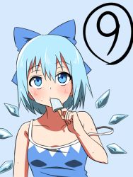 Rule 34 | circled 9, 1girl, adapted costume, blue background, blue eyes, blue hair, blush, bow, cirno, collarbone, eating, food, hair bow, ice, ice wings, matching hair/eyes, popsicle, shinori, short hair, solo, spaghetti strap, strap slip, sweat, touhou, wings