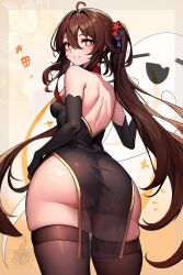 Rule 34 | 1girl, absurdres, ahoge, ai-assisted, ass, back, bare shoulders, black gloves, black thighhighs, boo tao (genshin impact), brown hair, brown thighhighs, cameltoe, dress, elbow gloves, flower, from behind, genshin impact, ghost, gloves, gold trim, grin, hair flower, hair ornament, highres, hu tao (genshin impact), looking back, pelvic curtain, plum blossoms, red eyes, red flower, see-through, see-through dress, skindentation, smile, solo focus, thighhighs, thighs, twintails, unstableboiler