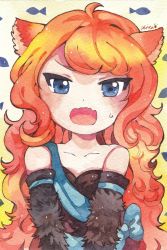 Rule 34 | animal ears, bare shoulders, black dress, blue bow, blue eyes, bow, cat ears, commission, dress, dungeon and fighter, elda (dungeon and fighter), fish background, fur sleeves, highres, multicolored hair, painting (medium), red hair, revanche, signature, solo, sweatdrop, traditional media, tsurime, watercolor (medium), wavy hair, wavy mouth