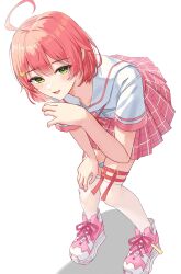 Rule 34 | 1girl, absurdres, ahoge, bandaid, bandaid on leg, blush, green eyes, hair ornament, hand on own knee, highres, hololive, looking at viewer, open mouth, pink skirt, pleated skirt, red hair, sailor collar, sakura miko, sakura miko (school uniform), school uniform, shirt, shoes, short hair, simple background, skirt, sneakers, solo, tagosaku (tatsukiuma0329), thigh strap, virtual youtuber, white background, white footwear, white shirt