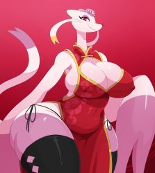 Rule 34 | ass, breast cutout, breasts, china dress, chinese clothes, covered erect nipples, creatures (company), dress, eric lowery, furry, game freak, gen 5 pokemon, gradient background, highres, huge breasts, large breasts, looking at viewer, mienshao, nintendo, nipples, panties, pokemon, pokemon (creature), red eyes, smile, string panties, thick thighs, thighhighs, thighs, tight clothes, underwear, wide hips