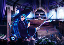 Rule 34 | blue eyes, blue hair, book, bookshelf, bug, butterfly, chandelier, counter, flower, hat, hatsune miku, highres, hirohito (pi0421), bug, long hair, megurine luka, necktie, open mouth, pink hair, twintails, very long hair, vocaloid, window, witch hat