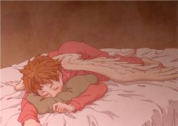 Rule 34 | 1girl, barefoot, bed, bed sheet, brown hair, colored eyelashes, closed eyes, face in pillow, hanei mine, indoors, lying, messy hair, myourenji, on bed, on side, pajamas, pillow, red pajamas, short hair, sleeping, solo, species domain, white wings, wings