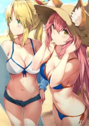 Rule 34 | 2girls, animal ear fluff, animal ears, beach, bikini, blonde hair, blue bikini, blush, breasts, cleavage, commentary request, day, fate/grand order, fate (series), feet out of frame, front-tie bikini top, front-tie top, green eyes, hand on own hip, hat, highres, holding, holding surfboard, jacket, large breasts, long hair, looking at viewer, looking to the side, micro shorts, mordred (fate), mordred (fate/apocrypha), multiple girls, navel, pink hair, ponytail, sakimiya mafu, scrunchie, shorts, side-tie bikini bottom, straw hat, surfboard, swimsuit, tamamo (fate), tamamo (fate), tamamo no mae (fate/extra), tamamo no mae (swimsuit lancer) (fate), thighs, water, yellow eyes