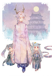 Rule 34 | 1boy, 2girls, absurdly long hair, architecture, black eyes, black hair, blue hair, blush, building, character request, child, closed eyes, closed mouth, east asian architecture, fish hair ornament, full moon, funamusea, hair bun, hair ornament, hairpin, high ponytail, horns, japanese clothes, kimono, long hair, majiang, mikotsuhime, mikotsuhime (funamusea), moon, multiple girls, obi, oounabara to wadanohara, parted lips, sash, siblings, single hair bun, sisters, smile, standing, twintails, uomihime, very long hair