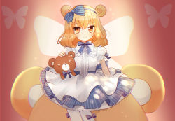 Rule 34 | 1girl, animal ears, bear ears, blonde hair, blue bow, blue hairband, blue skirt, blush, bow, bug, butterfly, butterfly wings, center frills, closed mouth, commentary, frills, hair between eyes, hair bow, hairband, insect, insect wings, long hair, looking at viewer, maodouzi, orange eyes, original, pantyhose, puffy short sleeves, puffy sleeves, purple bow, shirt, short sleeves, sitting, skirt, smile, solo, striped bow, striped clothes, striped skirt, stuffed animal, stuffed toy, teddy bear, vertical-striped clothes, vertical-striped skirt, white pantyhose, white shirt, wings