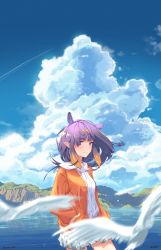 Rule 34 | 1girl, alternate costume, alternate hairstyle, bare legs, bird, blue sky, blurry, blurry foreground, cliff, cloud, commentary, cowboy shot, day, dove, gradient hair, hair over one eye, hands in pockets, headpiece, highres, hololive, hololive english, horizon, jacket, jl tan, lens flare, mixed-language commentary, mole, mole under eye, multicolored hair, ninomae ina&#039;nis, ocean, orange hair, orange jacket, outdoors, pointy ears, purple eyes, purple hair, shirt, short hair, skirt, sky, smile, solo, tentacle hair, virtual youtuber, water, water drop, white shirt, white skirt