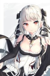 Rule 34 | 1girl, azur lane, bare shoulders, between breasts, black bow, bow, breasts, cleavage, closed mouth, dress, earrings, formidable (azur lane), hair bow, highres, jewelry, large breasts, long hair, long sleeves, looking at viewer, maid, mishuo (misuo69421), red eyes, sidelocks, silver hair, solo, stud earrings, twintails, two-tone dress, upper body