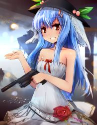 Rule 34 | 1girl, bare shoulders, blue hair, gun, handgun, hat, hinanawi tenshi, pistol, red eyes, shuizao (little child), sig sauer, solo, suppressor, touhou, weapon