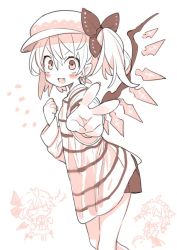 Rule 34 | &gt;:d, 3girls, :d, ahoge, asymmetrical hair, bat wings, blush, bow, casual, clenched hand, commentary request, contemporary, fang, flandre scarlet, flat cap, flying sweatdrops, foreshortening, hair between eyes, hair bow, hat, izayoi sakuya, looking at viewer, monochrome, morino hon, multiple girls, open mouth, remilia scarlet, shirt, shorts, side ponytail, smile, striped clothes, striped shirt, touhou, v, v-shaped eyebrows, wings