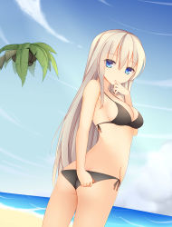 Rule 34 | 1girl, :o, absurdres, beach, bikini, blonde hair, blue eyes, breasts, butt crack, cleavage, day, finger to mouth, groin, highres, jyt, large breasts, lexington (warship girls r), looking back, ocean, open mouth, outdoors, palm tree, side-tie bikini bottom, sideboob, solo, swimsuit, tree, warship girls r, water