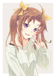Rule 34 | 1girl, blush, brown hair, collarbone, e20, grey background, hair ribbon, hand up, kagerou (kancolle), kantai collection, long sleeves, looking at viewer, outside border, parted bangs, parted lips, purple eyes, ribbed sweater, ribbon, sleeves past wrists, smile, solo, sweater, twintails, two-tone background, w, white background, white sweater, yellow ribbon