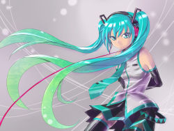 Rule 34 | bare shoulders, black thighhighs, circuit board, colored eyelashes, detached sleeves, eyelashes, gradient hair, green eyes, green hair, hatsune miku, headphones, highres, karlwolf, long hair, multicolored hair, necktie, patterned, pleated skirt, skirt, solo, thighhighs, twintails, unmoving pattern, very long hair, vocaloid, zettai ryouiki