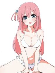 Rule 34 | 1girl, bare arms, bare shoulders, bikini, bikini skirt, blue eyes, blush, bocchi the rock!, breasts, cleavage, collarbone, commentary request, cube hair ornament, double-parted bangs, gotoh hitori, hair between eyes, hair ornament, highres, large breasts, long hair, looking at viewer, navel, one side up, open mouth, pink hair, simple background, sitting, solo, swimsuit, thighs, ukitaryu, white background, white bikini