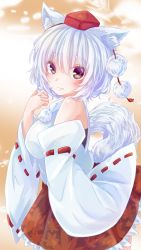 Rule 34 | 1girl, animal ears, bare shoulders, blush, breasts, detached sleeves, hat, highres, inubashiri momiji, leaf, looking at viewer, maple leaf, medium breasts, medium skirt, pom pom (clothes), red eyes, red skirt, ribbon-trimmed sleeves, ribbon trim, shirt, short hair, silver hair, skirt, sleeveless, sleeveless shirt, solo, tail, tokin hat, touhou, turtleneck, white shirt, wide sleeves, wolf ears, wolf tail, yunagi (arukumaruta)