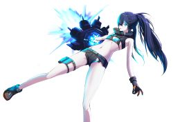 Rule 34 | 1girl, bikini, bikini top only, black gloves, black hair, black rock shooter, black rock shooter: dawn fall, black rock shooter (character), black shorts, blue eyes, blue hair, flat chest, floating hair, gloves, grey bikini, groin, hair over one eye, highres, holster, long hair, micro shorts, midriff, multicolored hair, navel, ponytail, shorts, solo, stomach, swimsuit, thigh holster, tongue, tongue out, two-tone hair, very long hair, white background, yuteru (xmjf8888)