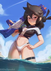 Rule 34 | 1girl, absurdres, afrotunaart, artist name, black eyes, black hair, blue sky, borrowed character, breasts, cleavage cutout, clothing cutout, cloud, cowboy shot, day, from below, hand on own hip, highres, looking at viewer, lucia (scott malin), medium breasts, midriff, navel, original, outdoors, parted lips, shadow, short sleeves, sky, smile, solo, tree, water gun