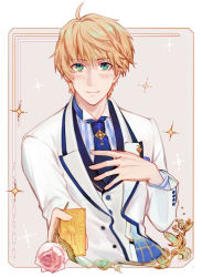 Rule 34 | 1boy, arthur pendragon (fate), arthur pendragon (white rose) (fate), bad id, bad pixiv id, blonde hair, blue necktie, blush, csyday, fate/grand order, fate/prototype, fate (series), flower, formal, gift, green eyes, highres, male focus, necktie, pinstripe pattern, rose, solo, sparkle, striped, suit, summon ticket (fate), white suit