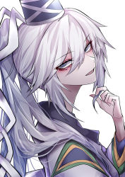 Rule 34 | 1girl, 33 gaff, black hat, grey eyes, grey hair, hair between eyes, hat, holding, holding own hair, long hair, looking at viewer, mononobe no futo, open mouth, ponytail, simple background, solo, tate eboshi, touhou, upper body, white background