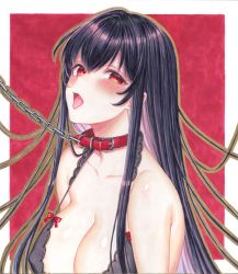 Rule 34 | 1girl, bare shoulders, bdsm, black bra, black hair, blush, bra, breasts, chain, chain leash, collar, collarbone, covered erect nipples, large breasts, leash, lingerie, long hair, looking at viewer, open mouth, original, red eyes, sakura shiho, slave, solo, tongue, tongue out, traditional media, underwear, upper body