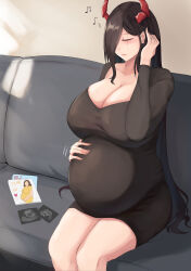 Rule 34 | 13otsu, 1girl, absurdres, azur lane, big belly, black dress, black hair, blush, breasts, cleavage, closed eyes, closed mouth, collarbone, couch, curvy, demon horns, dress, friedrich der grosse (azur lane), hair over one eye, hand on own stomach, highres, horns, huge breasts, indoors, jewelry, long hair, magazine (object), motion lines, musical note, parted lips, plump, pregnant, ring, sitting, smile, solo, thick thighs, thighs, ultrasound, very long hair, wedding band, wide hips
