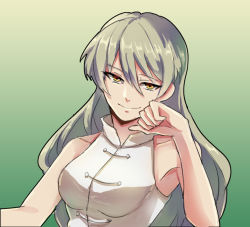 Rule 34 | 1girl, alternate costume, armpits, arong, bare shoulders, blonde hair, breasts, buttons, collar, collared shirt, green background, hand on own face, large breasts, long hair, looking at viewer, matara okina, shirt, sidelocks, simple background, sleeveless, smile, solo, touhou, yellow eyes