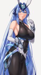 Rule 34 | 1girl, armpits, azur lane, bare shoulders, blue eyes, blue hair, blush, bodystocking, breasts, closed mouth, clothes lift, collarbone, commentary, covered navel, cowboy shot, elbow gloves, gloves, groin, hair between eyes, hair intakes, hand up, headgear, high-waist skirt, large breasts, lifted by self, long hair, looking at viewer, new jersey (azur lane), sarhce, sideboob, sidelocks, simple background, skirt, skirt lift, solo, standing, taut clothes, vambraces, very long hair, white background, white gloves, white skirt