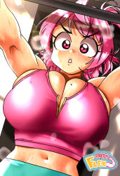 Rule 34 | 1girl, absurdres, blush, breasts, cleavage, exercising, eyelashes, focused, from above, frown, highres, huge breasts, large breasts, light rays, lips, lying, midriff, navel, on back, original, outstretched arms, pink eyes, pink hair, sasa tseng, sideboob, sports bra, staring, sweat, weightlifting, weights, wet, workout clothes