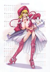 Rule 34 | 10s, 1girl, 2010, absurdres, armor, bent over, bikini, bikini bottom only, blonde hair, boots, breasts, calendar, cleavage, eyeshadow, hat, high heels, highres, huge breasts, lipstick, makeup, nail polish, non-web source, pink nails, pink thighhighs, sarong, shoes, skirt, solo, swimsuit, sword, thigh boots, thighhighs, type 90 (daihon&#039;ei), weapon, yellow eyes