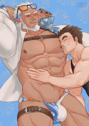 Rule 34 | 2boys, abs, aegir (housamo), aegir (swimsuit) (housamo), bad id, bad pixiv id, bara, beard, black tank top, blue eyes, blush, bulge, cerberus arts, chest harness, dark-skinned male, dark skin, drooling, earrings, eyewear on head, facial hair, hand on another&#039;s stomach, harness, jewelry, large pectorals, looking at viewer, male focus, manly, protagonist 3 (housamo), multiple boys, muscular, nipples, open clothes, open shirt, pectoral press, pectorals, smile, tank top, thick thighs, thighs, tokyo houkago summoners, upper body, white hair