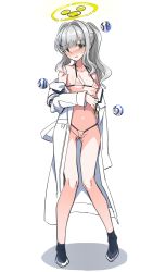 Rule 34 | 1girl, absurdres, arm across waist, bare shoulders, bikini, blue archive, blunt bangs, blush, collarbone, commentary request, cross hair ornament, embarrassed, full body, gluteal fold, grey hair, hair ornament, hare (blue archive), harigane shinshi, highres, knees together feet apart, lab coat, looking at viewer, medium hair, micro bikini, navel, open mouth, partially visible vulva, ponytail, see-through bikini, shadow, shoes, simple background, sketch, solo, standing, stomach, string bikini, sweatdrop, swimsuit, thigh gap, wavy mouth, white background, yellow eyes