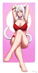 Rule 34 | 1girl, 2018, animal ears, armpits, arms behind head, artist name, barefoot, blush, bra, breasts, cat ears, cat tail, cleavage, commentary, commission, facial mark, feet, flower, full body, hair flower, hair ornament, highres, large breasts, crossed legs, long hair, looking at viewer, orange eyes, panties, parted lips, pink background, razalor, red bra, red panties, simple background, smile, solo, tail, tattoo, underwear, underwear only, whisker markings, white hair
