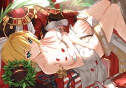 Rule 34 | 1girl, ahoge, bare arms, bare legs, bare shoulders, belt, blonde hair, breasts, breasts apart, chain, closed mouth, collarbone, commentary request, couch, day, dress, unworn dress, epaulettes, fate/grand order, fate (series), feet out of frame, flower, green eyes, hair intakes, head wreath, highres, indoors, knees up, leotard, lock, lying, medium breasts, nero claudius (bride) (fate), nero claudius (fate), on back, on couch, padlock, red dress, red flower, red rose, rose, short hair, smile, solo, strapless, strapless leotard, sunlight, tsuuhan, white leotard, zipper pull tab