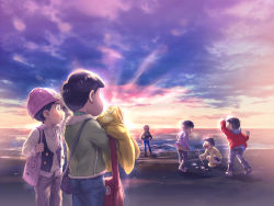 Rule 34 | 10s, 6+boys, beach, beanie, brothers, drawing, from behind, hat, highres, holding, holding clothes, holding jacket, jacket, leather, leather jacket, looking at another, male focus, matsuno choromatsu, matsuno ichimatsu, matsuno jyushimatsu, matsuno karamatsu, matsuno osomatsu, matsuno todomatsu, messy hair, multiple boys, ocean, osomatsu-kun, osomatsu-san, sand, sextuplets, siblings, stick, sun, sunset, sweater, takosu-chan