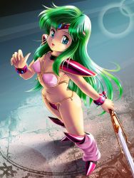 Rule 34 | 1girl, :d, armor, ayanokouji rem, bikini armor, blue eyes, boots, bracelet, breasts, circlet, dream hunter rem, covered erect nipples, from above, green hair, highres, jewelry, knee pads, leg warmers, open mouth, pauldrons, pink footwear, retro artstyle, shoulder armor, shoulder pads, small breasts, smile, solo, sword, weapon
