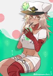 Rule 34 | 1girl, artist name, bandaged arm, bandages, blonde hair, breasts, cape, cheesenaanlassi, clover, dark-skinned female, dark skin, drink, drinking, drinking straw, four-leaf clover, guilty gear, guilty gear strive, hair between eyes, hat, highres, holding, holding drink, long hair, looking at viewer, medium breasts, navel, orange eyes, ramlethal valentine, red bandage, short shorts, shorts, solo, thigh strap, white shorts, yellow eyes