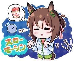 Rule 34 | 1girl, :&lt;, animal ears, brown hair, clock, closed eyes, cropped legs, facing viewer, fine motion (umamusume), goom (goomyparty), green shorts, hair between eyes, hands up, highres, horse ears, horse girl, horse tail, jacket, long sleeves, multicolored hair, nissin cup noodle, notice lines, outline, parted lips, pink shirt, polka dot, polka dot background, shirt, shorts, solo, standing, streaked hair, tail, translation request, triangle mouth, umamusume, white hair, white jacket, white outline, zzz