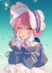 Rule 34 | 1boy, blush, bonnet, bubble, elbows on knees, ensemble stars!, frills, gloves, gradient background, green eyes, hair between eyes, hands on own face, hat, highres, himemiya tori, lolita fashion, long sleeves, lower teeth only, male focus, open mouth, pink hair, rrr (reason), short hair, solo, teeth, white gloves