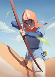 Rule 34 | 1boy, absurdres, aiming, aiming at viewer, animal, arrow (projectile), ashitaka, blue sky, blurry, bow (weapon), cloud, day, depth of field, hands up, highres, holding, holding bow (weapon), holding weapon, hood, leaf, looking at viewer, male focus, mononoke hime, mynz, nagatekkou, on animal, outdoors, red hood, scar, scar on face, serious, sky, solo, straddling, sword, sword behind back, weapon, yakul