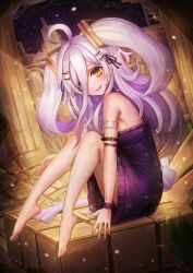 Rule 34 | 1girl, absurdres, ahoge, alternate breast size, armlet, bare shoulders, barefoot, breasts, feet, frilled nightgown, henya the genius, highres, knees together feet apart, knees up, legs, light purple hair, long hair, looking at viewer, medium breasts, nightgown, parted lips, purple nightgown, sideboob, smile, solo, toes, twintails, virtual youtuber, vshojo, yellow eyes, ziteng yue