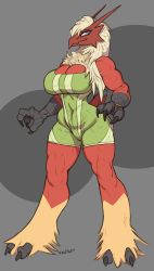 Rule 34 | 1girl, artist name, bad furaffinity id, bad id, bare shoulders, blaziken, blue eyes, bodysuit, breasts, claws, cleavage, closed mouth, covered navel, creatures (company), dated, female focus, full body, furry, furry female, game freak, gen 3 pokemon, green bodysuit, grey background, happy, highres, large breasts, long hair, looking at viewer, muscular, nintendo, personification, platinum blonde hair, pokemon, pokemon (creature), robotjoe, signature, simple background, smile, solo, standing, tail, thick thighs, thighs, two-tone background