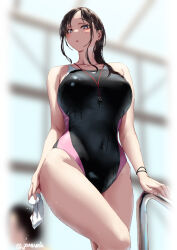 Rule 34 | 2girls, black hair, black one-piece swimsuit, blurry, blurry background, breasts, collarbone, commentary request, competition swimsuit, covered navel, jonsun, large breasts, looking at viewer, mami (jonsun), medium hair, mole, mole under eye, multiple girls, one-piece swimsuit, original, parted lips, pink eyes, solo focus, standing, sweat, swimsuit, thighs, twitter username, wet, wet clothes, wet hair, wet swimsuit, whistle, whistle around neck