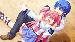 Rule 34 | 10s, 1boy, 1girl, angel beats!, ankle lace-up, blue eyes, constricted pupils, cross-laced footwear, cuffs, fang, fighting, furrowed brow, game cg, hinata hideki, na-ga, open mouth, pink hair, school uniform, serafuku, shackles, skirt, submission hold, tears, two side up, wrestling, yui (angel beats!)