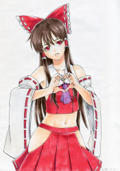 Rule 34 | 10s, 1girl, 2014, absurdres, ascot, bare shoulders, bow, brown hair, collarbone, cowboy shot, dated, detached sleeves, hair bow, hair tubes, hakurei reimu, heart, heart hands, highres, long hair, looking at viewer, midriff, navel, parted lips, red eyes, red skirt, ribbon-trimmed sleeves, ribbon trim, side slit, simple background, skirt, solo, touhou, traditional media, white background, wys 1981