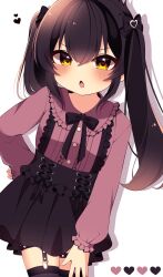 Rule 34 | 1girl, absurdres, black bow, black bowtie, black hair, black skirt, black thighhighs, blush, bow, bowtie, buttons, chestnut mouth, commentary request, eyelashes, frilled shirt, frilled shirt collar, frills, garter straps, hair between eyes, hair bow, hand on own hip, highres, idolmaster, idolmaster cinderella girls, long hair, long sleeves, looking at viewer, maju risa, matoba risa, purple shirt, shadow, shirt, sidelocks, skirt, solo, suspender skirt, suspenders, thighhighs, thighs, twintails, v-shaped eyebrows, white background, yellow eyes