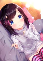 Rule 34 | 1boy, 1girl, 3:, age difference, bad id, bad twitter id, black hair, black thighhighs, blue eyes, blurry, blush, closed mouth, commentary request, depth of field, grey sweater, hair ornament, hairclip, highres, long hair, long sleeves, looking at viewer, original, pink thighhighs, ribbed sweater, rouka (akatyann), sitting, sleeves past wrists, solo focus, star (symbol), star print, striped clothes, striped thighhighs, sweater, thighhighs, zettai ryouiki