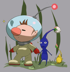 Rule 34 | 1boy, alien, backpack, bag, big nose, black eyes, blue pikmin, blue skin, blush stickers, brown hair, bud, closed eyes, closed mouth, colored skin, commentary request, from behind, frown, gloves, grass, grey background, helmet, isibatamako, leaf, lying, male focus, nintendo, olimar, on side, pikmin (creature), pikmin (series), pointy ears, radio antenna, red bag, red gloves, short hair, space helmet, spacesuit, sparkle, triangle mouth, very short hair, yellow pikmin, yellow skin