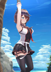 Rule 34 | 1girl, armpits, arms up, beach, belt, black gloves, black skirt, black thighhighs, blue eyes, blue sky, blush, braid, breasts, brown hair, chest harness, cloud, commentary request, day, fingerless gloves, garter straps, gloves, hair flaps, hair over shoulder, harness, highres, horizon, kantai collection, long hair, medium breasts, necktie, ocean, ochikata kage, one eye closed, outdoors, palm tree, pleated skirt, red necktie, rock, sand, shigure (kancolle), shigure kai san (kancolle), shirt, single braid, skirt, sky, sleeveless, sleeveless shirt, smile, solo, stretching, thighhighs, tree, two-tone shirt, water, white belt, zettai ryouiki